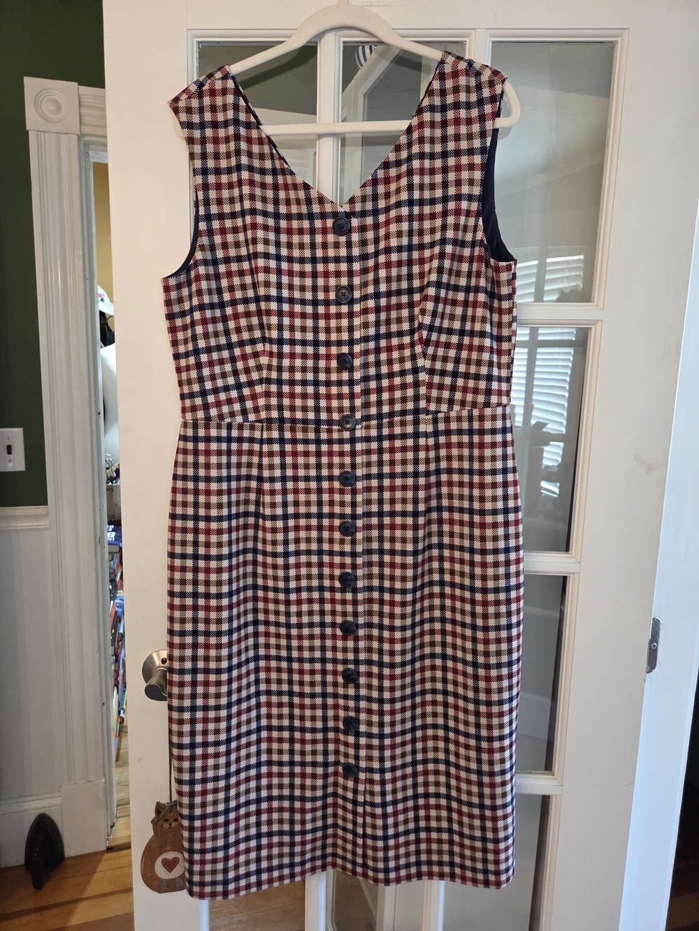 Maggy London Navy Red Cream Gingham Button-Front Midi Dress - Size 16